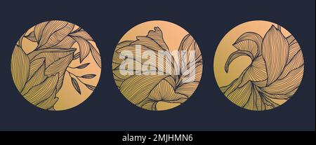 Ensemble vectoriel de cercles abstraits élégants logos linéaires, style japonais. Feuilles, fleurs, emblème doré de luxe pour parfum, cosmétiques, produits naturels Illustration de Vecteur