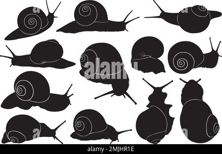 Collage de différentes silhouettes d'escargots isolées sur du blanc Illustration de Vecteur