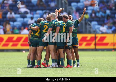 Sydney, Australie. 28th janvier 2023. 28th janvier 2023 ; Allianz Stadium, Sydney, Nouvelle-Galles du Sud, Australie : HSBC Sydney Rugby Sevens Australie contre le Canada ; Australie dans un caucus avant le début du match crédit : action plus Sports Images/Alamy Live News Banque D'Images