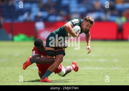 Sydney, Australie. 28th janvier 2023. 28th janvier 2023 ; Allianz Stadium, Sydney, Nouvelle-Galles du Sud, Australie : HSBC Sydney Rugby Sevens Australia versus Canada ; Nathan Lawson of Australia est abordé par Matt Oworu of Canada Credit: Action plus Sports Images/Alay Live News Banque D'Images