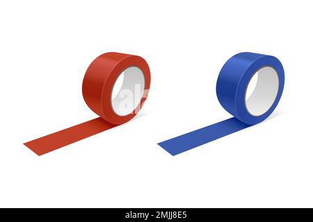 Jeu d'icônes de rouleau de ruban rouge et bleu brillant réaliste Vector 3D, maquette de gros plan isolée sur fond blanc. Modèle de conception de ruban adhésif d'emballage Illustration de Vecteur