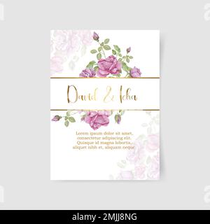 Invitation à un mariage, motif carte d'invitation. Roses roses roses roses roses de style aquarelle, fleurs de pivoine de jardin blanches, feuilles vertes, fougère de verdure et geom doré Illustration de Vecteur