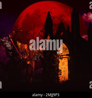Ange de la mort devant un mausolée - arrière-plan nocturne craquant avec la pleine lune rouge - rendu 3D Banque D'Images