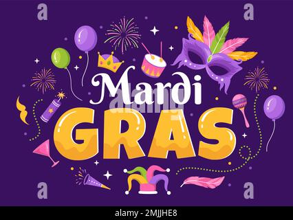 Mardi gras Carnival Party Illustration avec masque, plumes et Art Festival pour Web Banner ou Landing page en Flat Cartoon modèles dessinés à la main Illustration de Vecteur