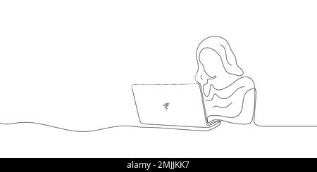 Une jeune fille est assise devant un ordinateur portable. Mise en plan continue d'une ligne. Illustration vectorielle Illustration de Vecteur