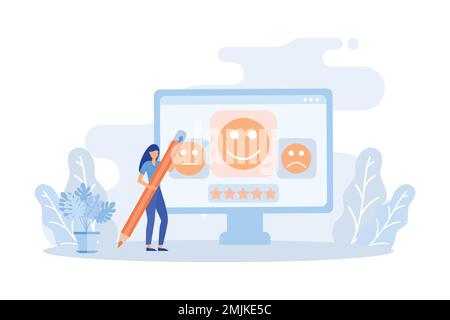 Commentaires des clients et illustration de l'expérience utilisateur. Personnages qui donnent un avis à l'opérateur du service client, en choisissant emoji pour afficher la note de satisfaction Illustration de Vecteur