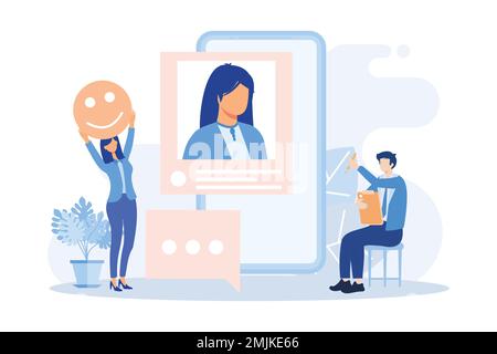 Illustration des réseaux sociaux. Personnages s'intégrant à la plate-forme des réseaux sociaux. Les suiveurs laissent la réaction sur les posts, donnant des commentaires, aime et écrit Illustration de Vecteur