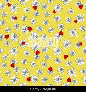 Motif sans couture avec simple fleur de camomille et coccinelle isolée sur fond jaune. Banque D'Images