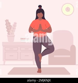 Femme enceinte à peau noire faisant du yoga Vrikshasana à la maison Illustration vectorielle à plat Illustration de Vecteur