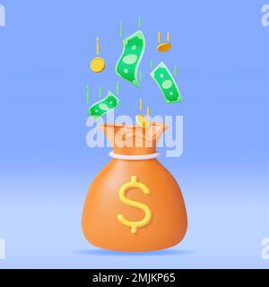 3D Sac en toile avec corde et dollar Illustration de Vecteur