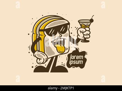 Vintage Illustration dessin de caractère d'un pain tenant une boisson Illustration de Vecteur