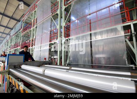 HANDAN, CHINE - le 28 JANVIER 2023 - les travailleurs travaillent dans un atelier d'une entreprise de transformation du plastique à Handan, dans la province de Hebei en Chine du Nord, le 28 janvier 2023. Banque D'Images