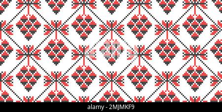 Motif vectoriel de branche de raisin sans couture. Broderie traditionnelle ukrainienne de motifs de raisin aux couleurs rouge et noir. Pixel art, vyshyvanka, point de croix Illustration de Vecteur