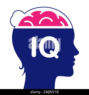 Tête femelle avec cerveau et signe IQ, icône vectorielle. Pictogramme de test IQ, isolé sur fond blanc. Illustration de Vecteur