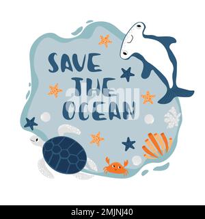 Illustration vectorielle de l'océan avec poisson à tête de martelette, tortue, crabe, étoile de mer, corail.Save the Ocean - lettering moderne.animaux marins sous-marins.conception écologique Illustration de Vecteur