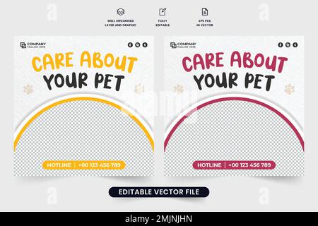 Modèle promotionnel pour le toilettage d'animaux et l'atelier vétérinaire avec des formes rondes. Vecteur de bannière Web de publicité d'abri d'animal de compagnie pour le marketing. Soins pour animaux de compagnie SO Illustration de Vecteur