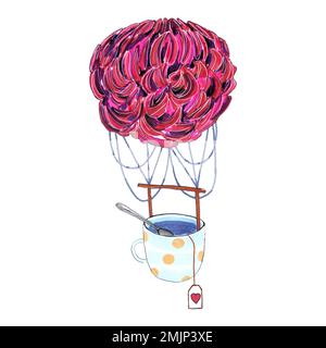 Aquarelle dessin à la main illustration conceptuelle du ballon d'air chaud en forme de fleur de pivoine et tasse de thé . Carte rétro, romantique pour la Saint-Valentin Banque D'Images
