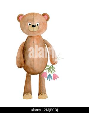 Adorable ours en peluche avec fleurs, aquarelle dessinée à la main illustration PNG sur fond transparent pour les vacances, le jour de la Saint-Valentin, l'anniversaire etc Banque D'Images