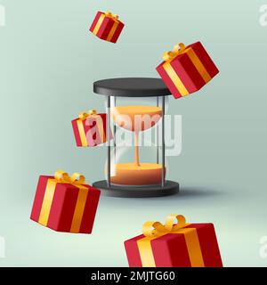 L'heure des présents bannière avec 3D illustration de sablier en verre avec des boîtes-cadeaux rouges et des rubans jaunes qui volent autour, rendre la composition Illustration de Vecteur