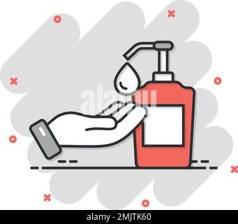 Icône désinfectant pour les mains de style comique. Illustration vectorielle de la bouteille antiseptique sur fond isolé. Désinfectez le panneau d'effet de gel anti-éclaboussures du co commercial Illustration de Vecteur