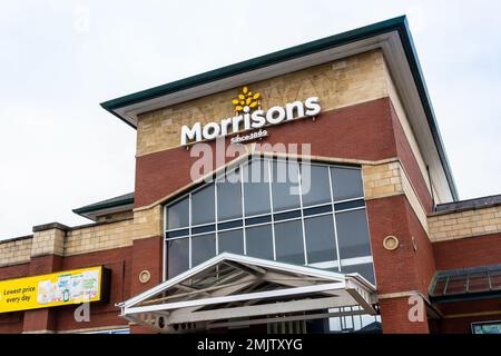 Signalisation au supermarché Morrisons, Ayr, Écosse, Royaume-Uni Banque D'Images