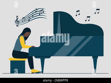 Femme à peau noire jouant du piano avec des notes musicales sur l'illustration vectorielle d'arrière-plan en style plat Illustration de Vecteur