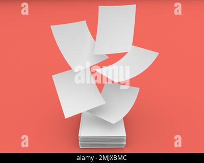 Feuilles de papier de bureau survolant une pile sur un fond rouge. 3d rendu de l'illustration. Banque D'Images