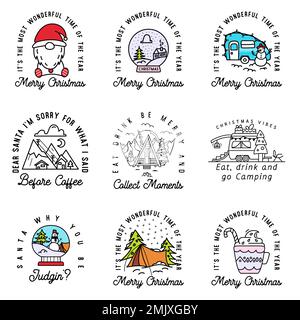 Badges de noël de camping en style art de la ligne. Voyage aventure avec paysage d'hiver, éléments de vacances. Étiquette de logo de stock avec guillemets - c'est la Mo Banque D'Images