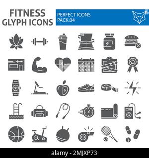 Jeu d'icônes de glyphe de forme physique, collection de symboles de sport, croquis vectoriels, illustrations de logo, paquet de pictogrammes pleins de signes d'entraînement isolé sur fond blanc, eps 10. Illustration de Vecteur