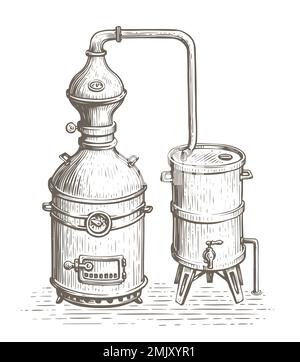 Production d'alcool et d'éthanol, distillerie. Croquis d'appareils de distillation vintage. Illustration du vecteur de machine à alcool rétro Illustration de Vecteur