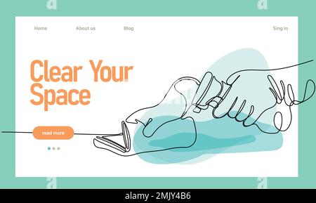 Dessin continu d'une ligne de mains portant des gants en caoutchouc surface de nettoyage avec un chiffon en microfibre ou une éponge et un spray désinfectant pendant la période de quarantaine prévue. Placez facilement votre texte et le logo de votre marque Illustration de Vecteur