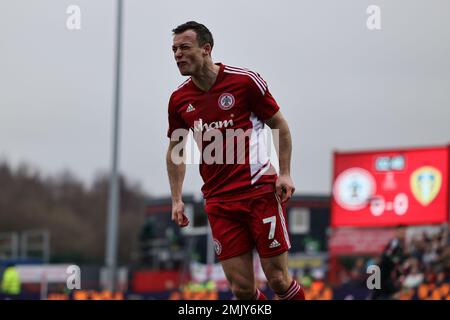 Accrington, Royaume-Uni. 28th janvier 2023. Shaun Whalley, d'Accrington Stanley, n'est pas d'accord avec l'extérieur lors du match rond de la FA Cup 4th entre Accrington Stanley et Leeds United au Wham Stadium, à Accrington, le samedi 28th janvier 2023. (Credit: Pat Scaasi | MI News) Credit: MI News & Sport /Alay Live News Banque D'Images