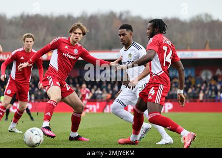 Accrington, Royaume-Uni. 28th janvier 2023. Junior Firpo de Leeds Unis en possession lors du match rond de la FA Cup 4th entre Accrrington Stanley et Leeds United au stade Wham, à Accrington, le samedi 28th janvier 2023. (Credit: Pat Scaasi | MI News) Credit: MI News & Sport /Alay Live News Banque D'Images