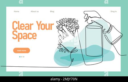 Dessin continu d'une ligne de mains portant des gants en caoutchouc surface de nettoyage avec un chiffon en microfibre ou une éponge et un spray désinfectant pendant la période de quarantaine prévue. Placez facilement votre texte et le logo de votre marque Illustration de Vecteur