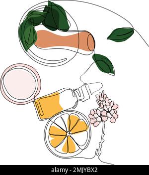 Concept de soins de la peau. Modèle de page d'arrivée. Routine du matin. Heure du bain. Produits biologiques pour le gommage et les soins de la peau du corps avec des produits naturels de soin de la peau à base de plantes, vue du dessus. Illustration vectorielle Illustration de Vecteur