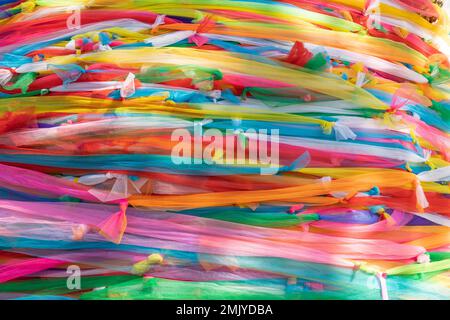 Tissu coloré de rubans autour d'un arbre sacré de Bodhi pour la vache, cravate multicolore Banque D'Images