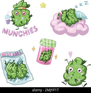 Un ensemble de jolis personnages de marijuana. le cannabis est drôle. vecteur de marijuana de mauvaises herbes Illustration de Vecteur