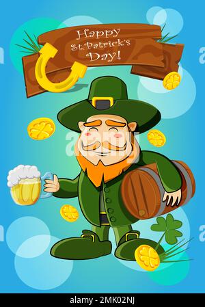 Un leprechun joyeux avec un baril de bière et un verre sur un beau fond pour les vacances de St. patrick Illustration de Vecteur