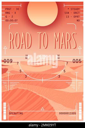 Paysage de la planète Mars avec dunes de sable. Afficher à travers le dispositif d'observation avec des éléments d'information. Étiquette Vector Retro futuriste Illustration de Vecteur