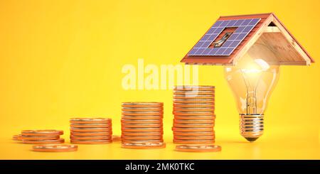 Pile de pièces de monnaie et ampoule sous un toit avec panneaux solaires. Argent économisé par l'utilisation de l'énergie solaire. 3d illustration Banque D'Images