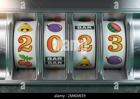 2022 bonne année au casino.Machine à sous avec le jackpot numéro 2022.illustration 3d Banque D'Images