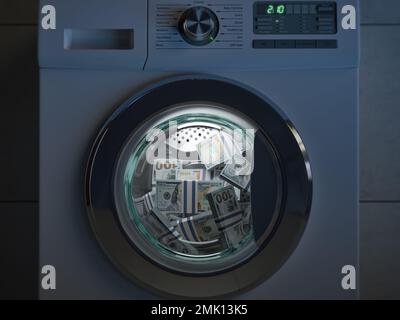 Concept de blanchiment d'argent sale. Des paquets de dollars blanchissent en lave-linge sous la clioud de la nuit. 3d illustration Banque D'Images