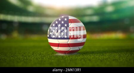 Ballon de football avec drapeau des Etats-Unis sur le terrain du stade de football et espace pour le nom des clubs de football. Championnat de football américain concept. Banque D'Images