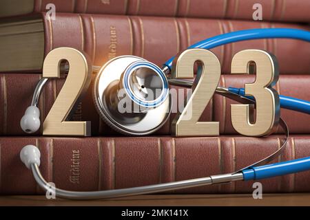 2023 bonne année pour l'industrie de la médecine des soins de santé et de la pharmacie. Numéro 2023 avec stéthoscope sur les livres de médecine vintage. 3d illustration Banque D'Images