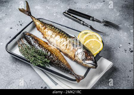 Poisson sauteur de maquereau rôti dans un plat de cuisson. Arrière-plan gris. Vue de dessus. Banque D'Images