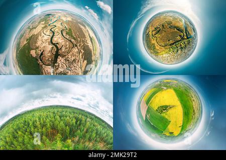 Vue aérienne campagne verte rurale jaune canola Colza Field Meadow Paysage Sunny Spring Day. Vue de dessus de la magnifique nature européenne de High Banque D'Images