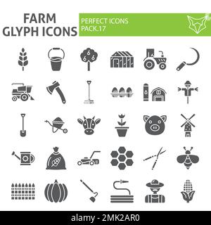 Jeu d'icônes de glyphe de ferme, collection de symboles agricoles, croquis vectoriels, illustrations de logo, panneaux de jardinage paquet de pictogrammes solides isolés sur fond blanc, eps 10. Illustration de Vecteur