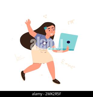 Adolescente avec ordinateur portable. Adorable petite fille faisant des devoirs en ligne. Cours en ligne pour les adolescents. Dessin animé vectoriel plat ill Banque D'Images