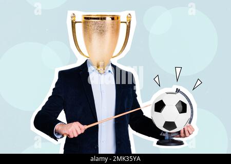 Image de collage créative de la personne de tenue de forme tient le trophée de la coupe du monde de football de pointeur au lieu de la tête Banque D'Images