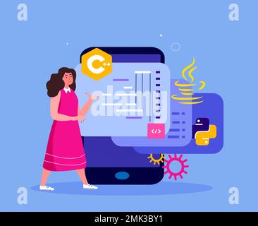 Femme Programmeur travaillant sur le développement Web dans le programme virtuel, smartphone Mobile Phone.script Coding, programmation php,python,javascript artificiel LAN Banque D'Images